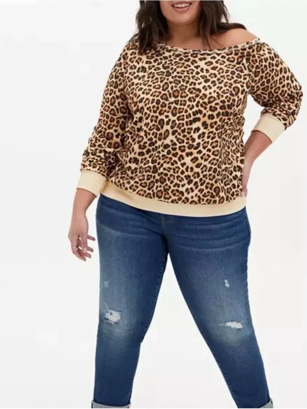 Torrid Off-Shoulder Light Weight French Terry Sweatshirt, leopard print sz 2 2X - Picture 3 of 12